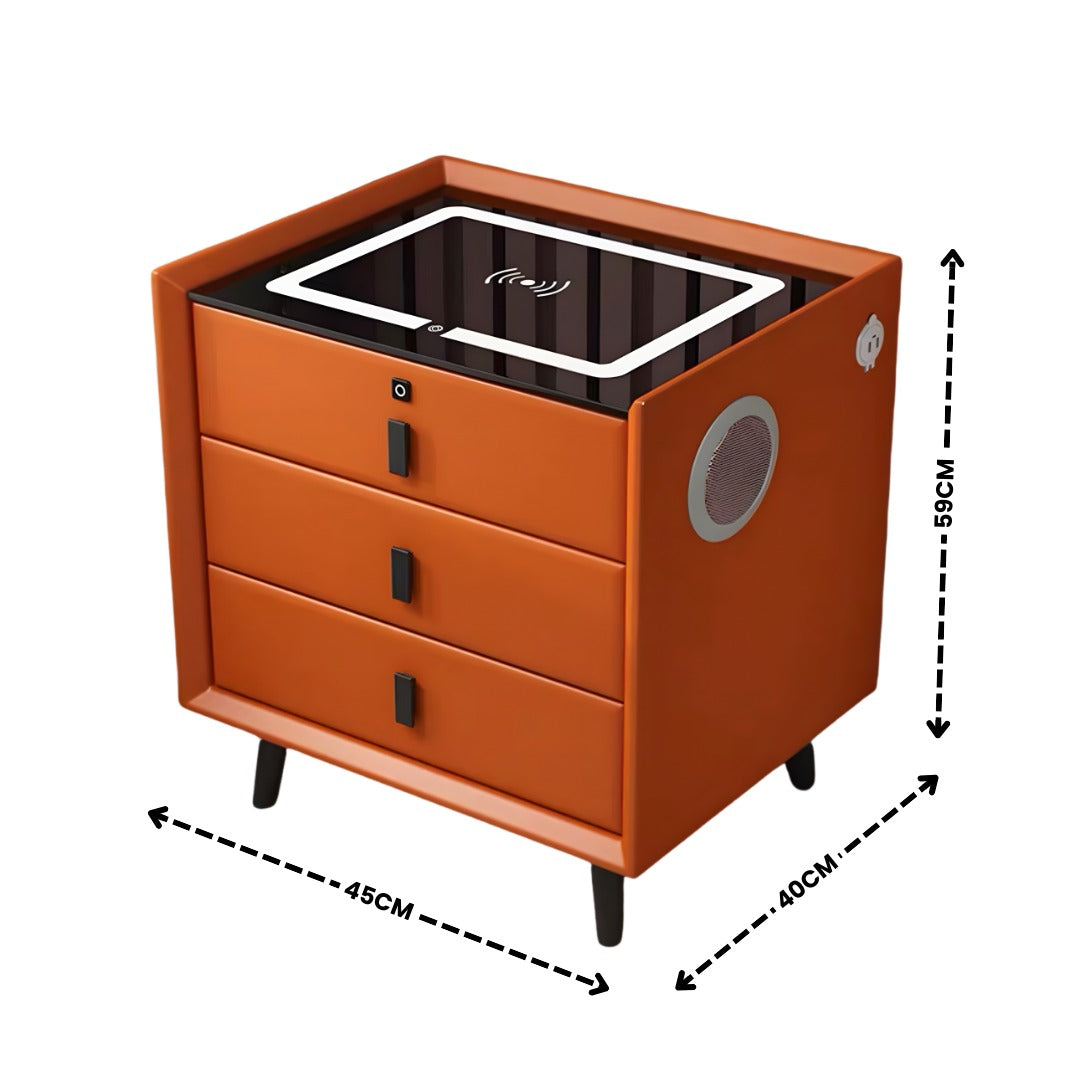 Noptieră Inteligentă 3 în 1: Boxă Bluetooth Incorporată, Încărcare Wireless 15W, Lumină LED, 3 Sertare, Portocaliu
