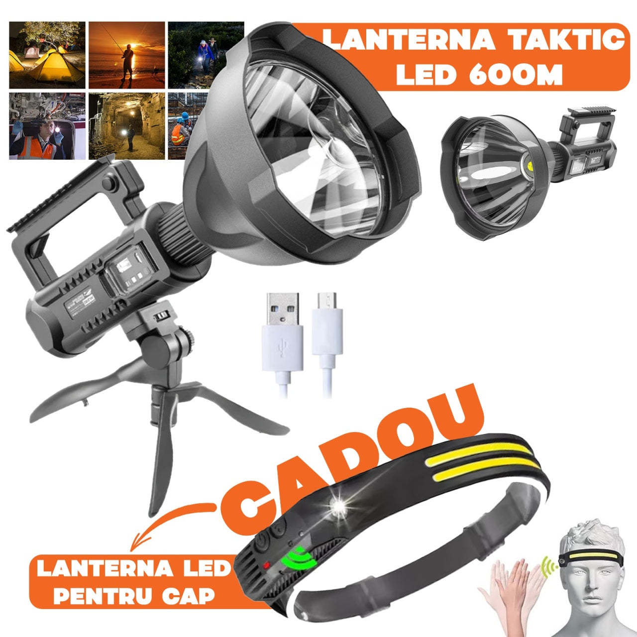 Lanternă Reîncărcabilă LED 31cm 4000lm + Powerbank USB + Trepied + Cadou Lanternă Cap