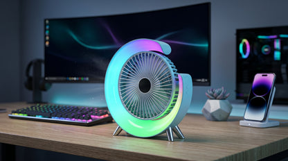 Mini aer conditionat cu ventilatie, cu 5 moduri de iluminare LED, ajustabil 180°, alimentare USB-C, portabil, pentru masa sau birou