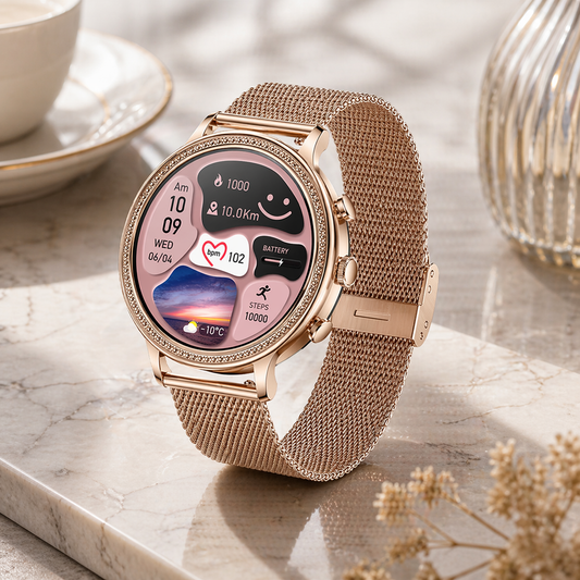 Smartwatch Femei Sunshine Gold 2 Curele Metal+Silicon 1.39 Inch+ CADOU Set 4 Lavete Bambus