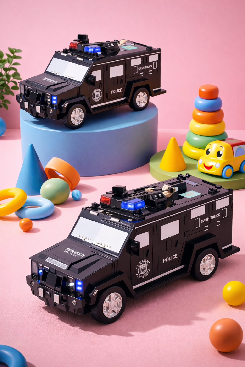 Pușculiță interactivă pentru bani, design camion blindat de poliție pentru copii cu efecte de lumină și sunet