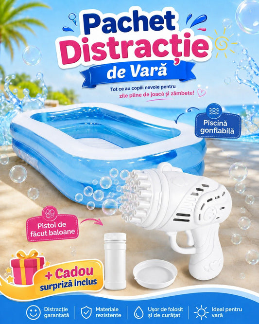 Pachet Distracție de Vară pentru Copii – Piscină Gonflabilă + Pistol cu Baloane de Săpun + Cadou Surpriză