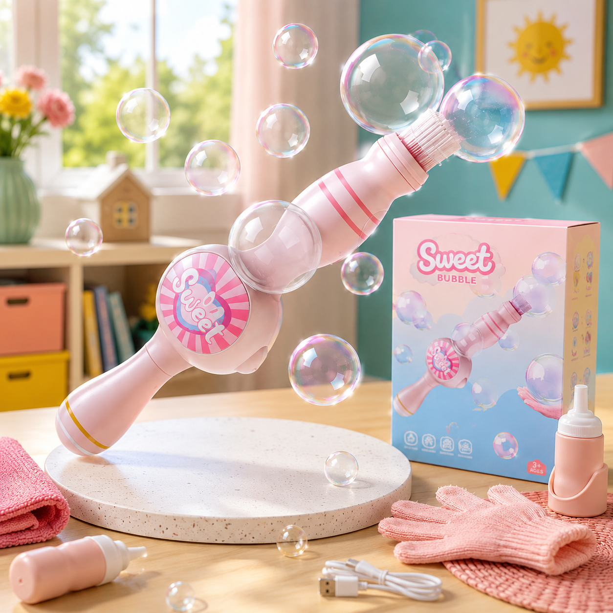 Masina de Bule de Fum Magic – Bagheta cu Efect de Ceata, Lumina Roz LED