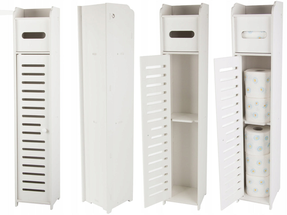 Dulap Îngust de Baie 3-în-1 – Suport Hartie Igienică, Rafturi și Depozitare Ascunsă, Alb Premium