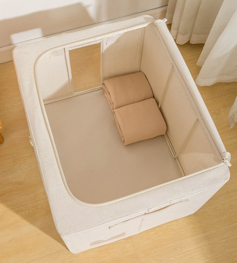 1+1 Cutie de Depozitare Pliabilă Crem, 66L – Textil Premium, Fereastră, Fermoar Dublu, Cadru Metalic, 50x40x33 cm