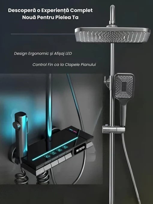 Coloană de Duș Premium – Ploaie Relaxantă, Termostat Inteligent, LED, Rotire 360°, 4 Jeturi de Apă