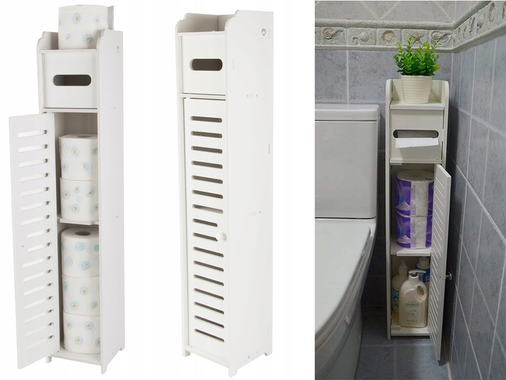 Dulap Îngust de Baie 3-în-1 – Suport Hartie Igienică, Rafturi și Depozitare Ascunsă, Alb Premium