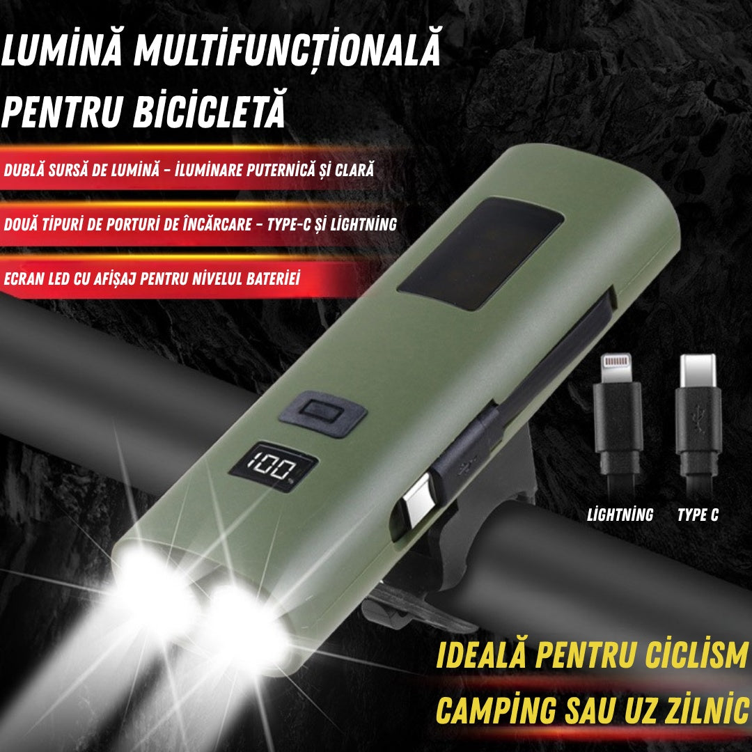 Lumină LED Bicicletă 3-în-1 – Far Puternic, Power Bank 3000mAh, Lanternă, Încărcare USB-C, Afișaj Baterie, Montaj Universal