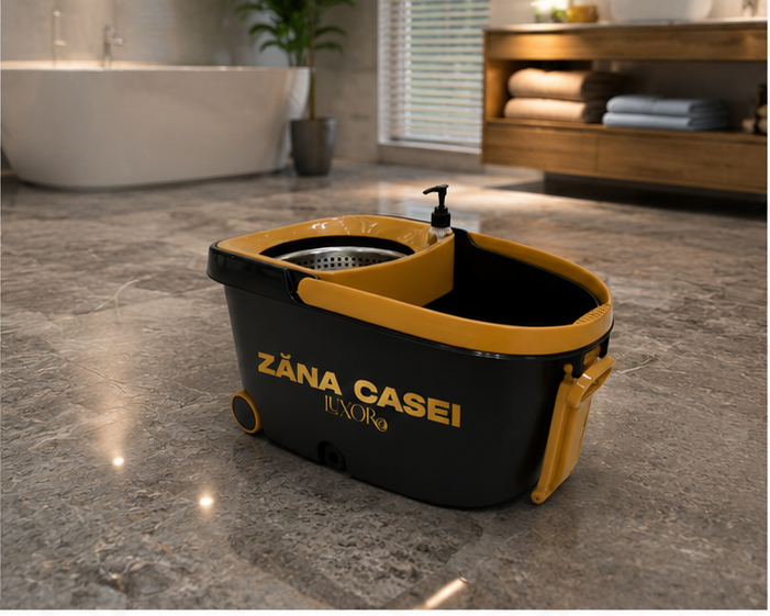 Mop Luxor Zâna Casei® – Set Premium 4 Rezerve, Cuvă Inox, Coadă 146cm + CADOU Set 4 Lavete Bambus