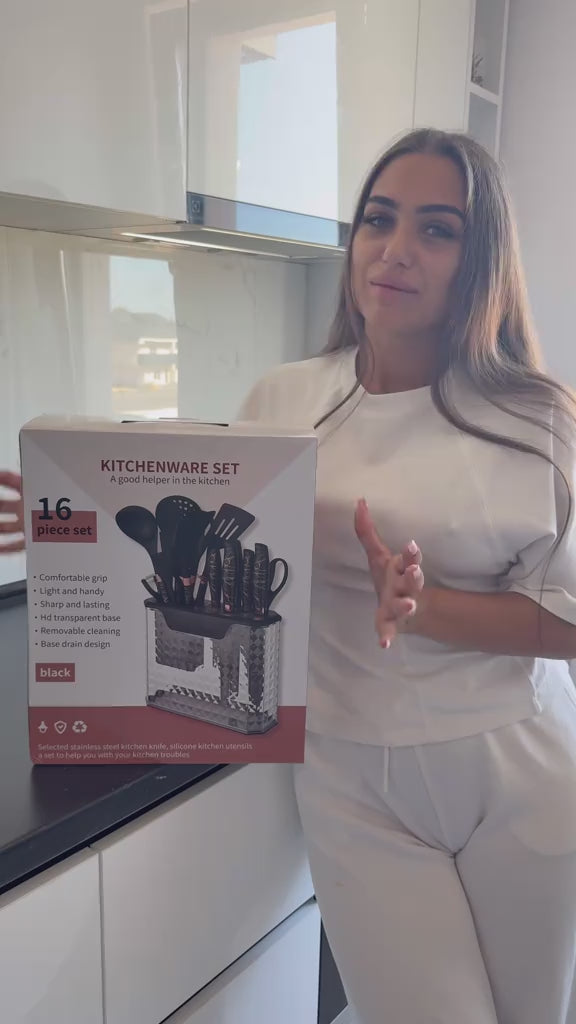 Set 16 Piese Ustensile Bucătărie din Silicon & Set Cuțite cu Suport – Design Modern, Multifuncțional