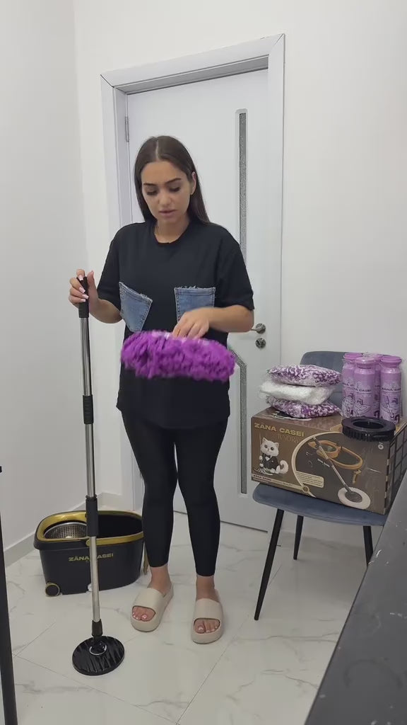 Mop Rotativ Zâna Casei® Luxor – Set Premium cu 4 Rezerve, Cuva din Inox