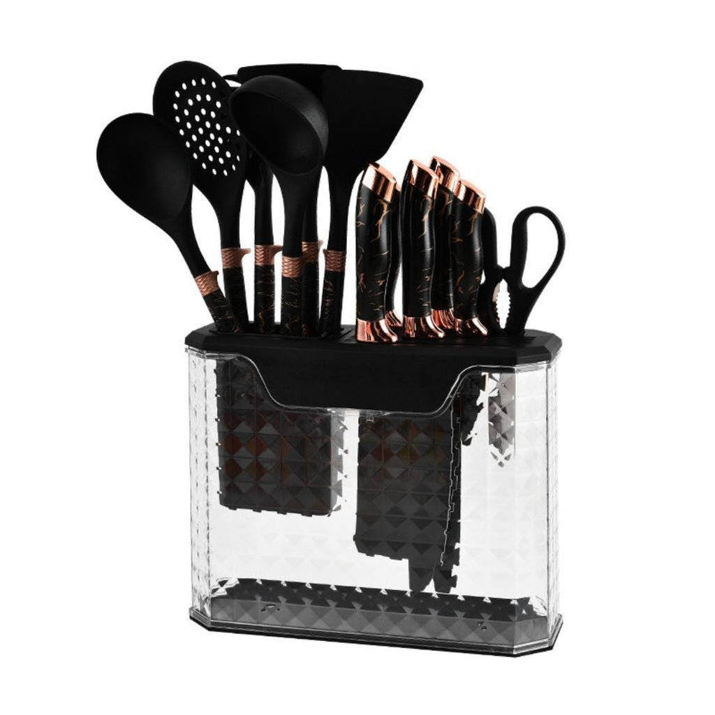 Set 16 Piese Ustensile Bucătărie din Silicon & Set Cuțite cu Suport – Design Modern, Multifuncțional