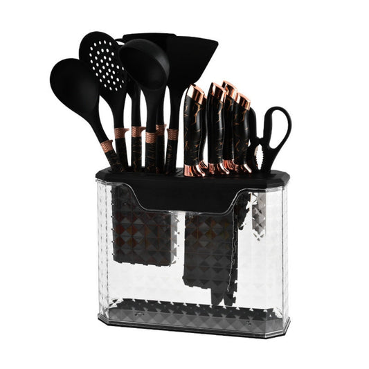 Set 16 Piese Ustensile Bucătărie din Silicon & Set Cuțite cu Suport – Design Modern, Multifuncțional