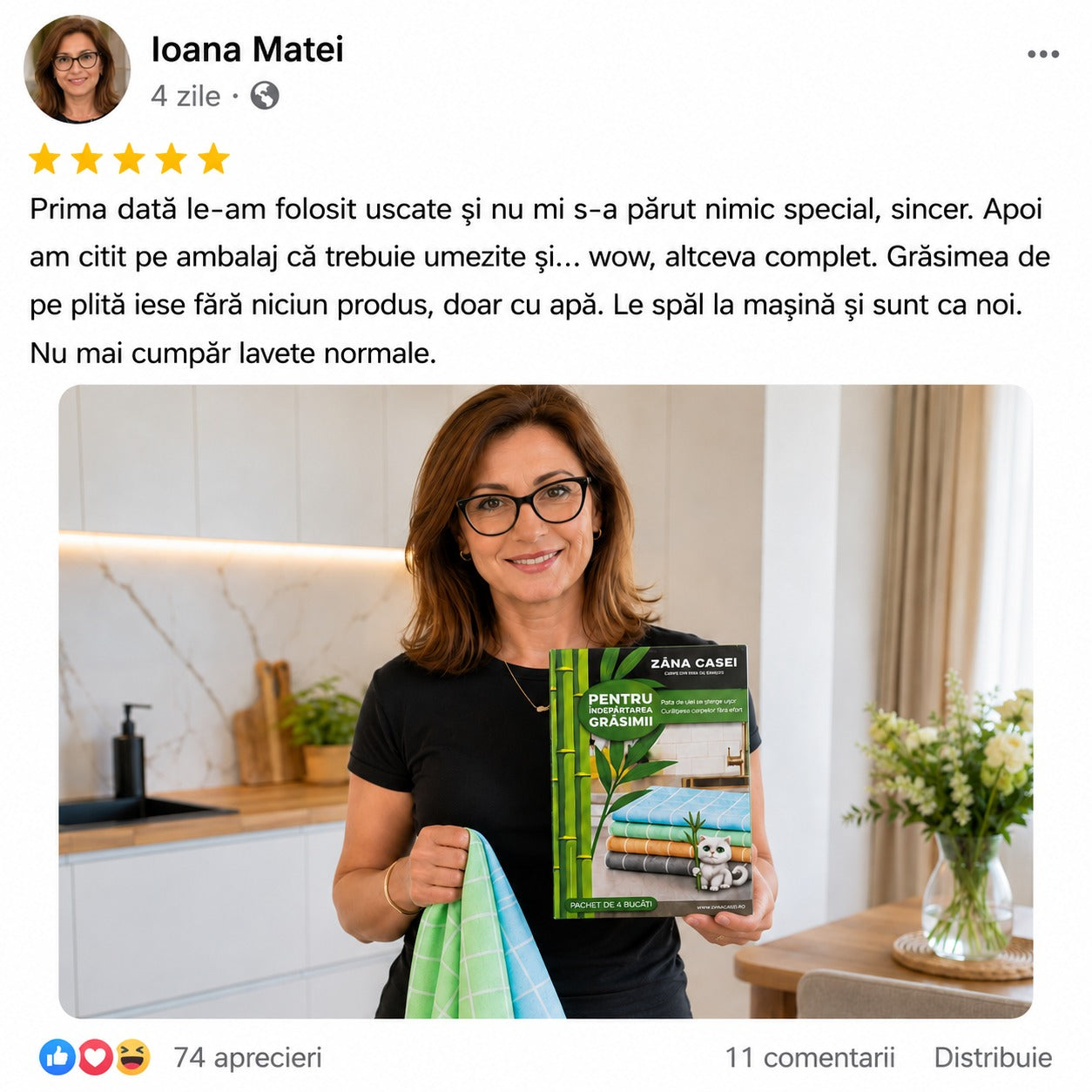 Set 4 Lavete XXL Fibra Naturala din Bambus 35x35 cm – Curăță Fără Detergenți, Lavabile