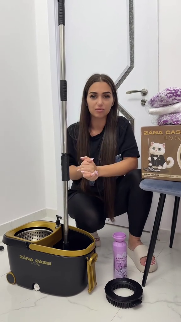 Mop Rotativ Zâna Casei® Luxor – Set Premium cu 4 Rezerve, Cuva din Inox